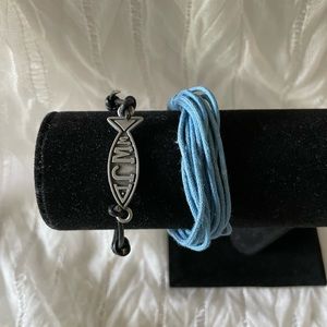 Blue cord with button clasp, WWJD Fish symbol black leather cord adjustable